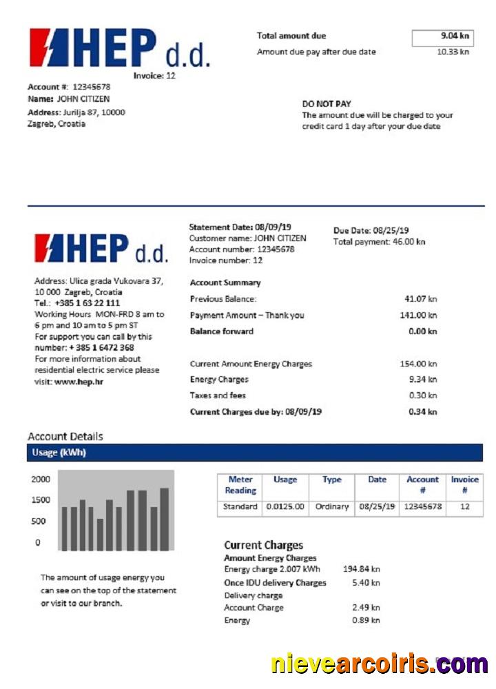 Croatia Hrvatska Elektroprivreda electricity utility bill